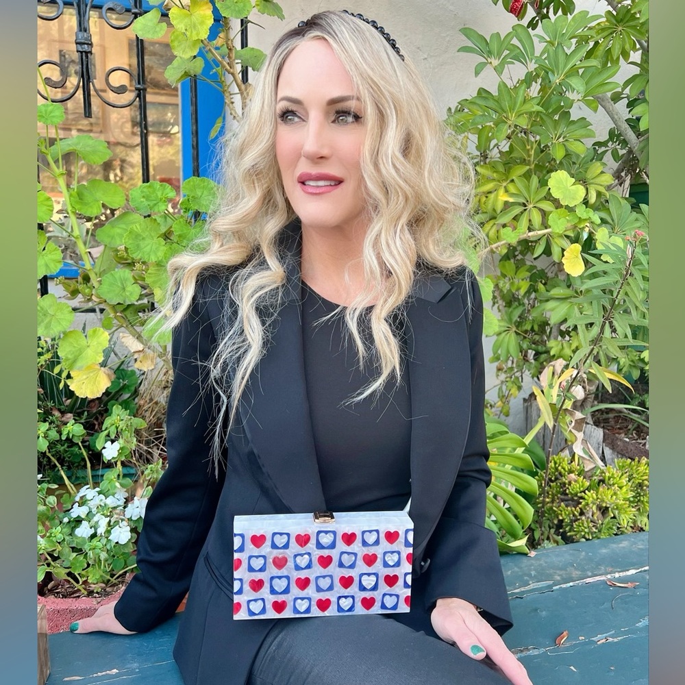 Red White & Blue Heart Patriotic USA Acrylic Box Purse Clutch Bag American Love
